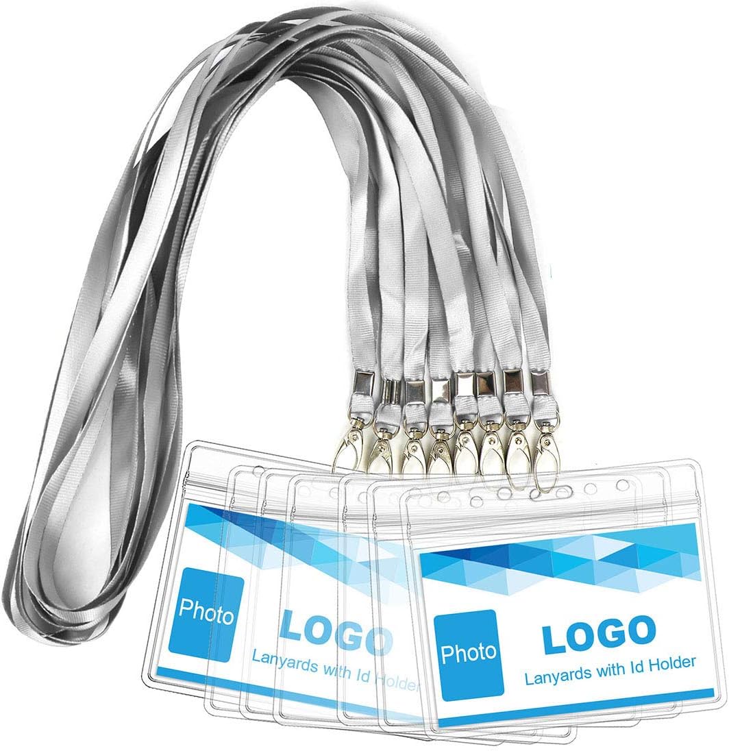 Lanyard with ID Holder 50 Pcs Waterproof Name Tag Badge ID Card Holders ID Pass Holder and 50 Pcs Flat Neck Lanyards Swivel Hook (Gray, Horizontal)