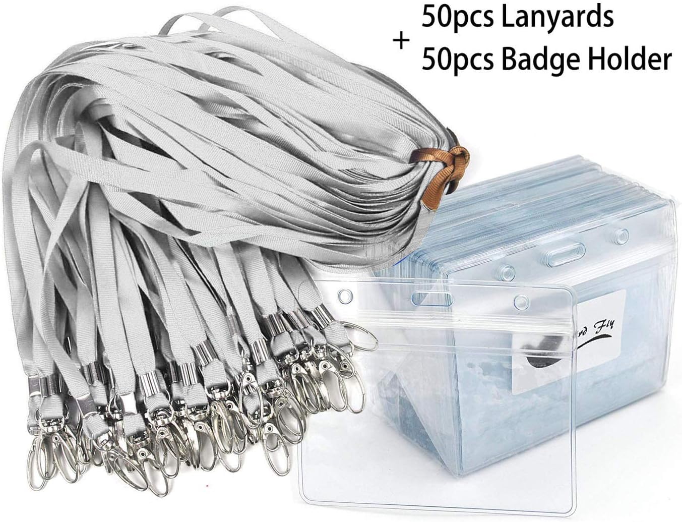 Lanyard with ID Holder 50 Pcs Waterproof Name Tag Badge ID Card Holders ID Pass Holder and 50 Pcs Flat Neck Lanyards Swivel Hook (Gray, Horizontal)