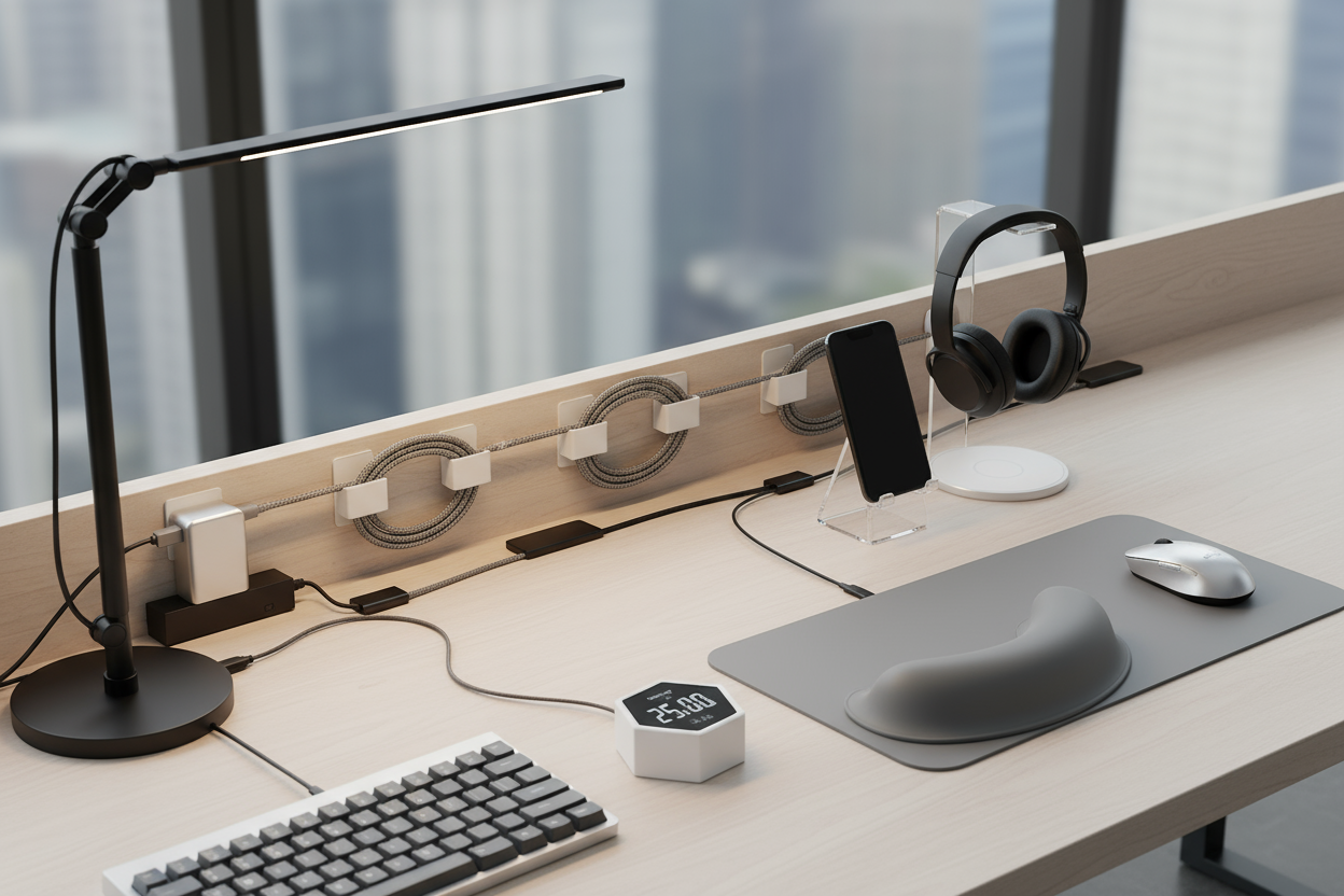 Chargers, desk lamps, ergonomic mouse pads, and productivity-enhancing gadgets. (make it real photo)